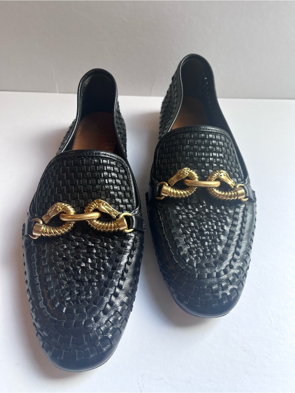 Tory Burch Women’s Jessa Woven Loafer Sz 7.5 Black Goat Leather Gold Horse